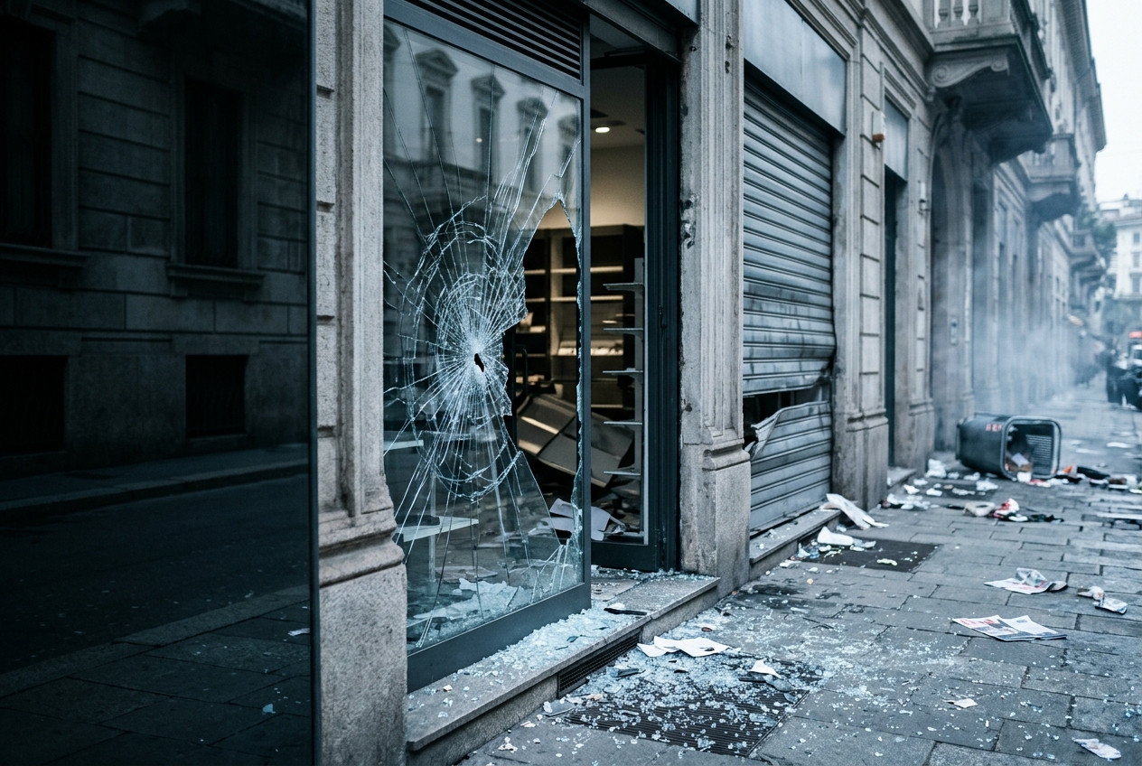 Vetrina di un negozio infranta dopo una manifestazione